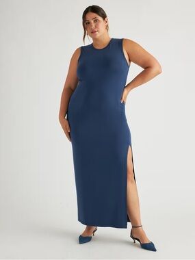 Quince Blue Tencel Jersey Tank Maxi Dress with Slit Size Small